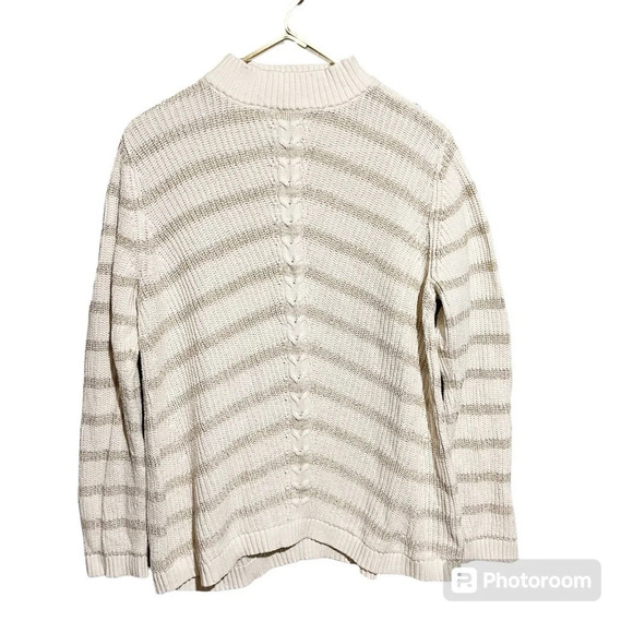 TALBOTS Outlet Metallic Gold Striped Cable Knit Mock Neck Sweater Size Large L - Picture 1 of 11